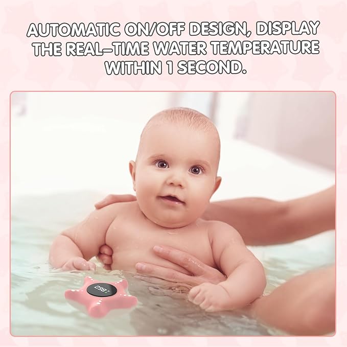 Baby Bath Thermometer Safety, Auto On & Off Bathtub Thermometer Floating Toy, Digital Bathing Water Temperature Warning, Pink Sea Star Shape