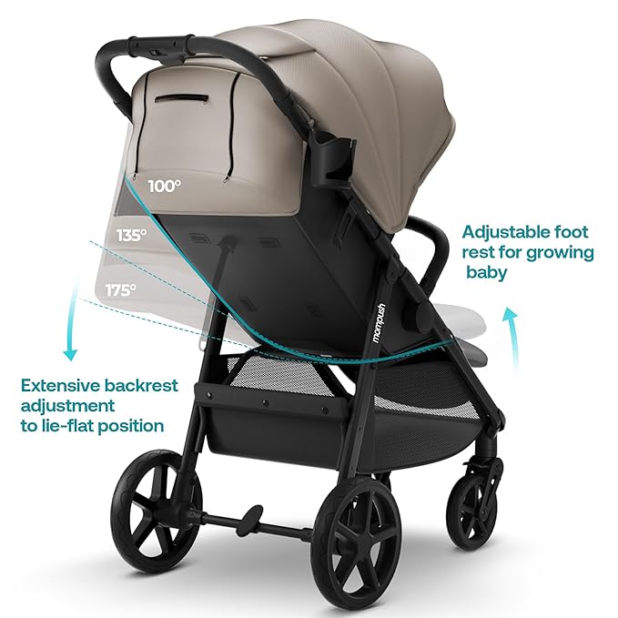 Mompush Nova Baby Stroller for Toddler, Infant & Newborn | Spacious Seat & Lie-Flat Mode | Compact One-Hand Fold, UPF 50+ Canopy & All-Wheel Suspension | Includes Rain Cover & Cup Holder, Khaki