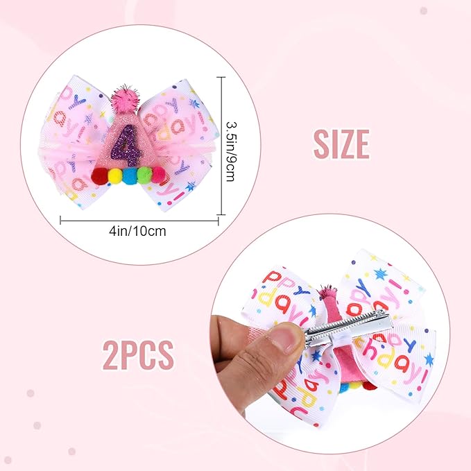 Birthday Hair Bow for Baby Girls 1 2 3 4 5 6 Year Old Sprinkle Hair Clips Happy Birthday Decorations for Girls Toddlers With Pom-Poms Ice Cream Candy Party Pink Hairs Accessories for 4th Sweet Party