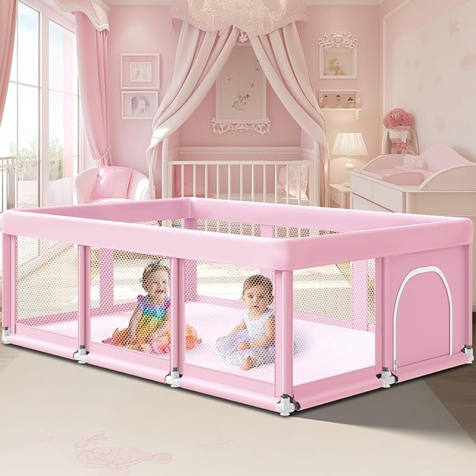 74" ×50" Large Baby Playpen, Baby Playard for Babies and Toddlers, Play Pens for Indoor & Outdoor, Sturdy Safety Play Yard with Soft Breathable Mesh, Anti-Fall, Pink