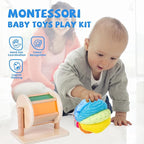 Montessori Baby Toys Play Kit Montessori Mirror Peekaboo Knob Puzzle, Medium Spinning Drum and Rainbow Fabric Ball Kit Toys for6-12Months Toddlers (Play Kit 3)
