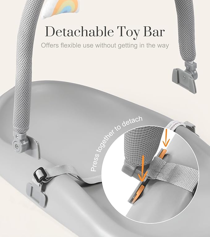 Wipe-Clean Baby Changing Pad, Waterproof Durable PU Pad, Soft & Non-Slip Safety Belt & Hanging Toys, Easy to Adjust & Removable Bar, Gray