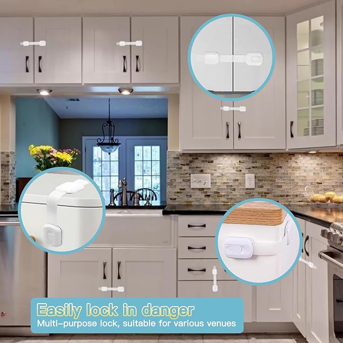 Cabinet Locks Baby Proofing No Drill, Door Locks for Kids Safety, Baby Safety Products Adjustable Strap Locks for Child & Toddlers, Drawer, Fridge, Oven Lock Child Safety 10 Pack with 3M Adhesives