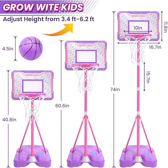 Meland Kids Basketball Hoop, Pink Basketball Hoop for Kids Toddler Basketball Hoop Outdoor & Indoor with Dart Board, Adjustable Height 3.4-6.2FT Birthday Gift Toys for Girls 3 4 5 6 7 8 Years Old