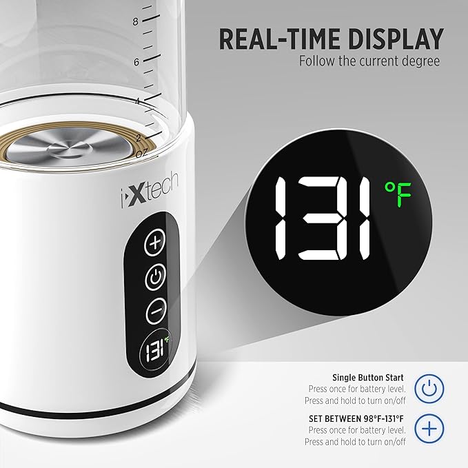 IXTECH Portable Water Warmer for Baby Formula, Milk Warmer for Travel, 10 oz., Electric Warming with Adjustable Temperature Control, Leak-Resistant Spout, Rechargeable and Wireless