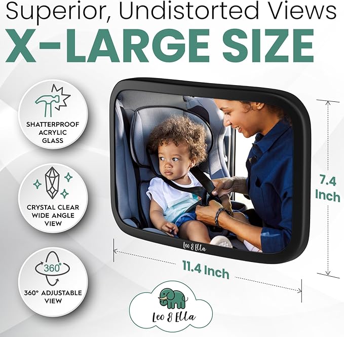Leo and Ella - Baby Car Mirror - Extra Large & Ultra Clear Infant View, Crash Tested Shatterproof Design w/ 360° Adjustable Mount, Premium Car Mirror For Baby