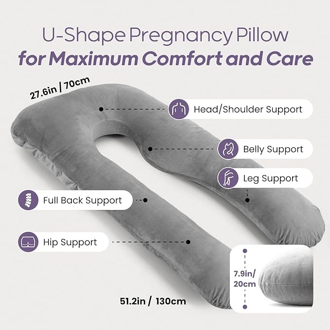 Nuliie Pregnancy Pillow for Sleeping, U Shaped Full Body Pillow Pregnancy Pillows, Maternity Pillow Support for Back, HIPS, Legs for Pregnant Women, with Washable Velvet Cover (Grey)