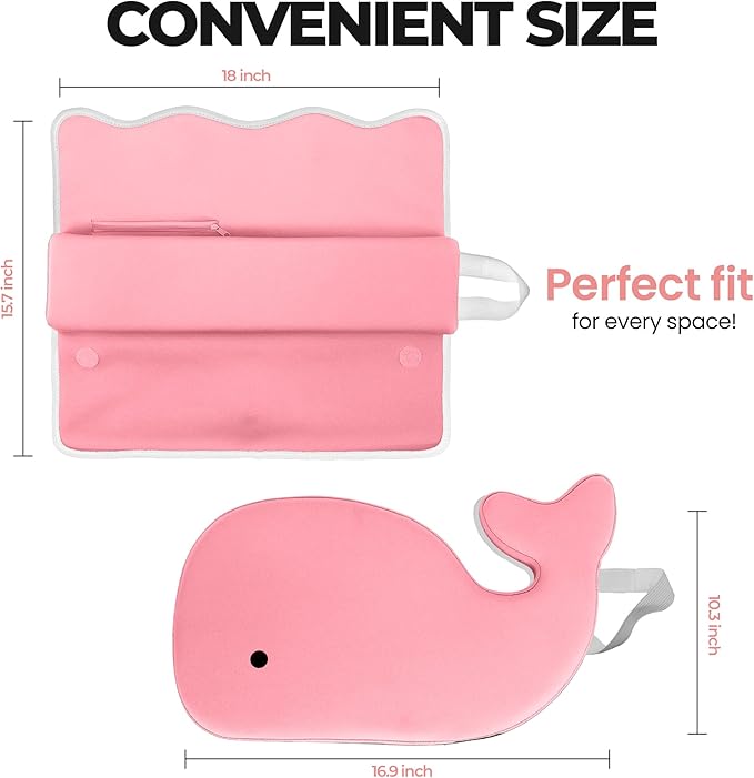 Whale Baby Bath Kneeler and Elbow Rest Set – Extra Thick Padded Cushion – Waterproof Non-Slip Mat with Storage Pockets – Bathtime Safety – Baby Shower or Registry Gift for Moms and Dads (Pink)