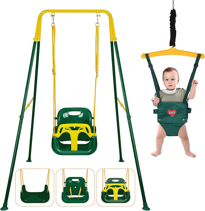 4 in 1 Toddler Swing Set & Baby Jumper, Heavy Duty Kids Swing with Bouncer, Foldable Metal Stand for Indoor & Outdoor, Easy Install & Store (Dark Green)