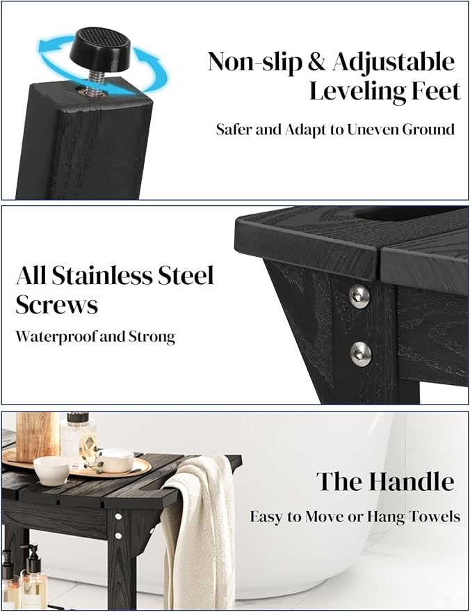 Waterproof Shower Bench, Poly Lumber Shower Stool for Shaving Legs, Shower Chair Seat with Storage Shelf and Handles, Bathroom Bench for Inside Shower, Non-Slip (Black)