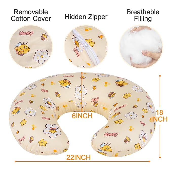Baby Nursing Pillow for Breastfeeding, Adjustable Breast Feeding Pillow for Bottle Feeding, Breastfeeding Essentials for Mom and Baby Healthier Nursing, Removable Cover- Bee Yellow