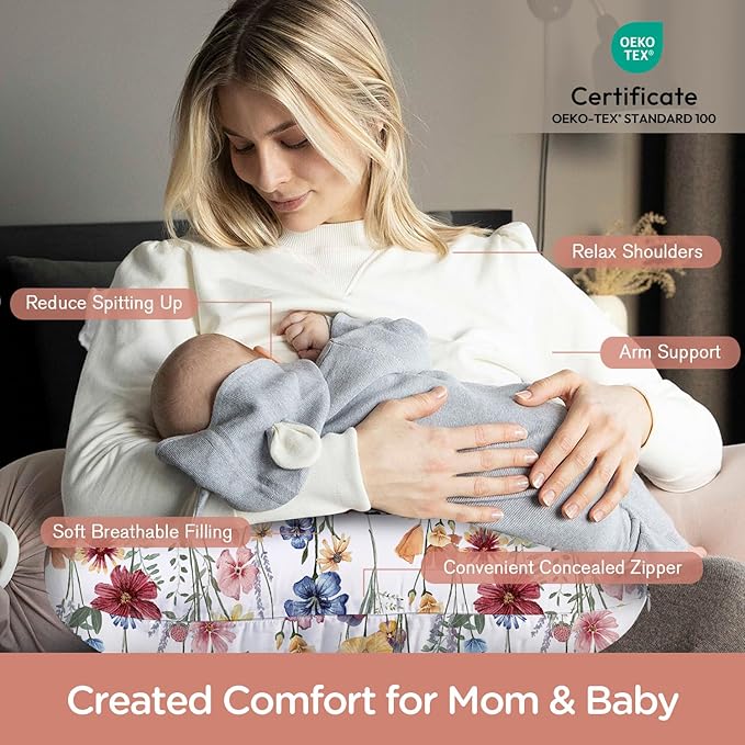 Little Grape Land Nursing Pillow for Infants, Breastfeeding Pillows, Baby Support Pillow for Nursing, Bottle Feeding, Tummy Time with Machine Washable Cover & Breathable Filling (Spring Flower)