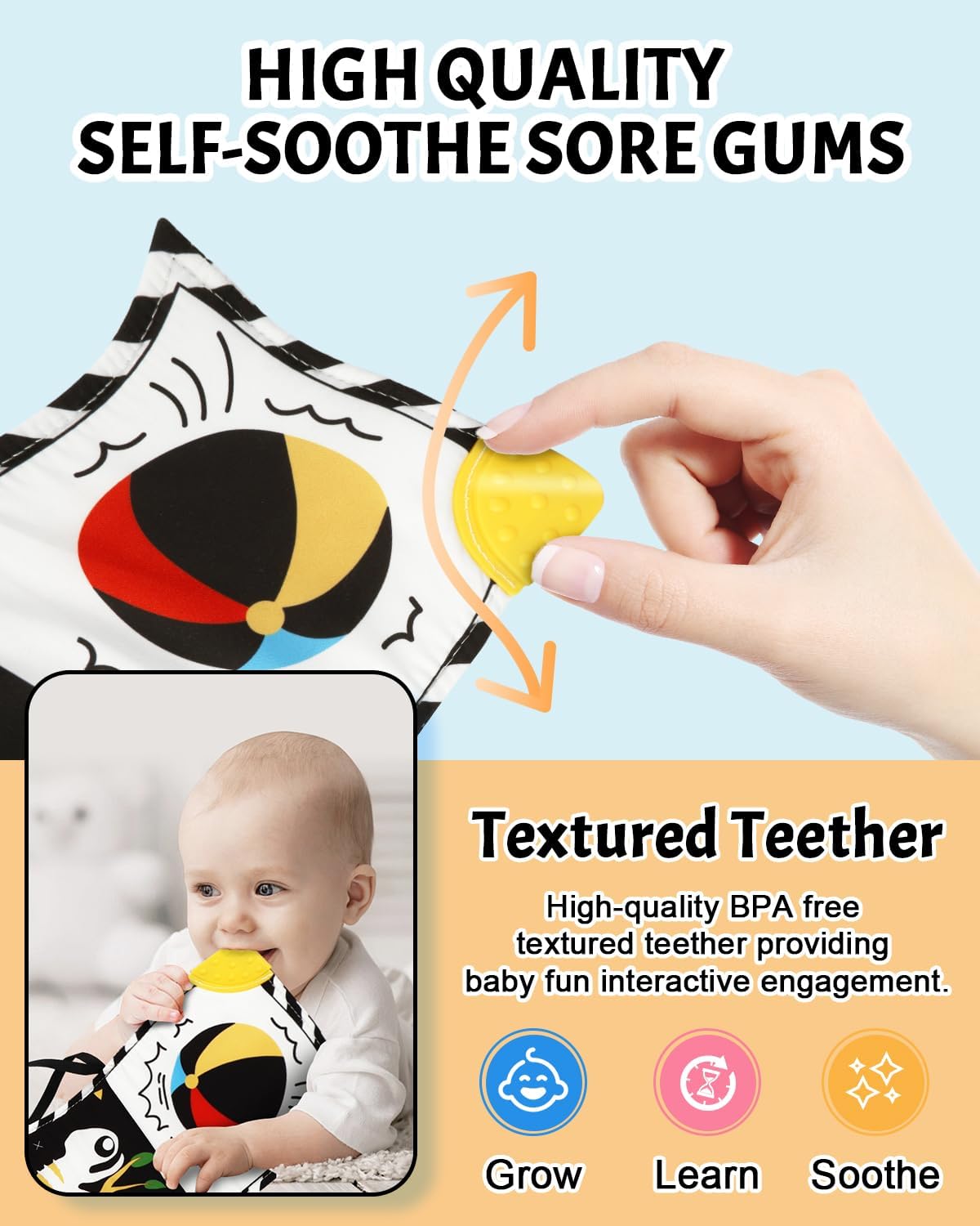 Tummy Time Toys, High Contrast Baby Book with Mirror & Teether, Black and White Infant Books, 0-6-12 Months Soft Book for Newborn, Sensory Books, Tummy Time Car Seat Toys 0-6 Month Boy Girl Gift