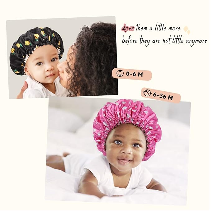 YANIBEST Baby Satin Bonnet Sleep Cap - Double Layer Reversible Adjustable Silky Satin Cap for Infant Toddler(0-6 Months,Black)