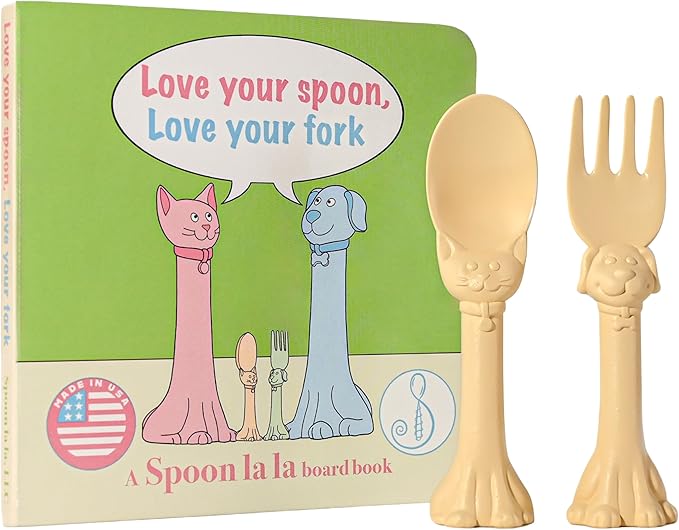 Made in USA Spoon la la Toddler Utensils Set (2 Pack) & Board Book - Spoon & Fork for Kids, Self-Standing 3D Ergonomic Cat & Dog Handles, BPA-free, Dishwasher Safe Baby Silverware (Yellow)