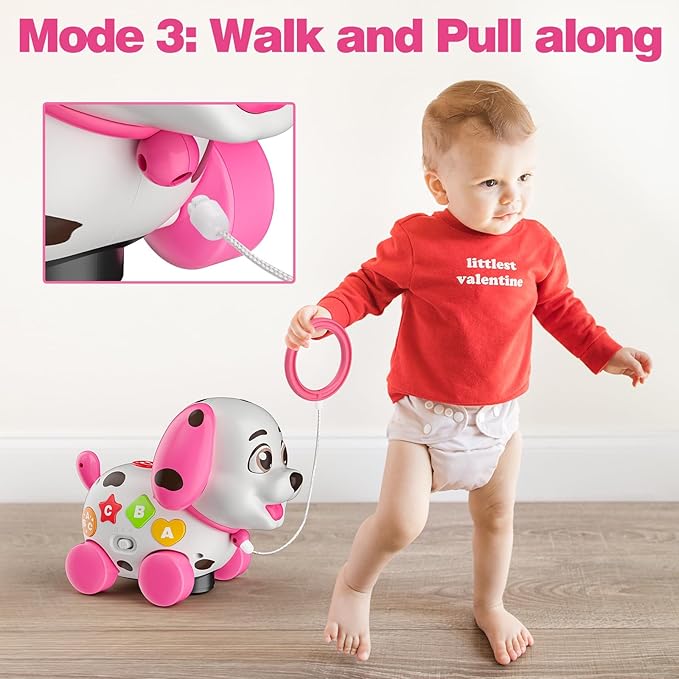 3-in-1 Musical Puppy Toys for 1 Year Old Girl Gift, Educational Baby Toy 6-12-18 Month, 1st Birthday Gift for 1 Year Old Girl Boy, First Bilingual Present for 7 8 9 10 Month Infant (Pink)