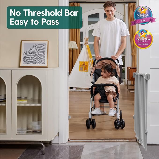 Babelio Baby Gate for Stairs & Doorways, 26-43" W 34" H Extra Tall| No Bottom Bar| Easy Installation| One-Handed Operation| Auto-Close| Hardware Mount (Drill Needed) Safety Dog/Pet Gate Indoor (Grey)