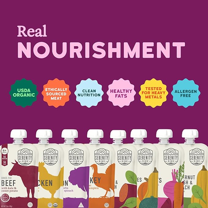 Serenity Kids 6+ Months Baby Food Pouches Puree Made with Ethically Sourced Meats & Organic Veggies - No Sugary Fruits or Added Sugar - 3.5 Oz BPA & Allergen Free Pouch- Baby Puree Variety Pack