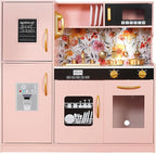 Wooden Play Kitchen Toy Set with Light, Kids Children Pretend Toy Kitchen Playset, Sink Play Toy Oven with Microwave,Toddler Cooking Set Toy for Ages 3+Baby Girls Boys (Pink)