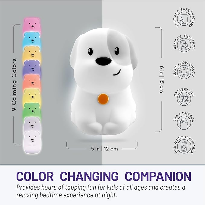 Lumipets Remote Control Silicone Night Light for Kids - Puppy Design with 9 Soft Colors & Sleep Timer - Rechargeable, Battery-Operated Lamp for Bedroom | Baby Nursery, Toddler, Girls, Boys