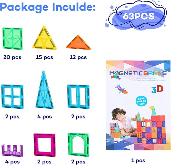 Magnetic Tiles, 63PCS Magnetic Blocks for Kids, Magnet Building Set, Construction Building Set,STEM Sensory Educational Toys Gift for Toddlers Kids 3-9 Year Old