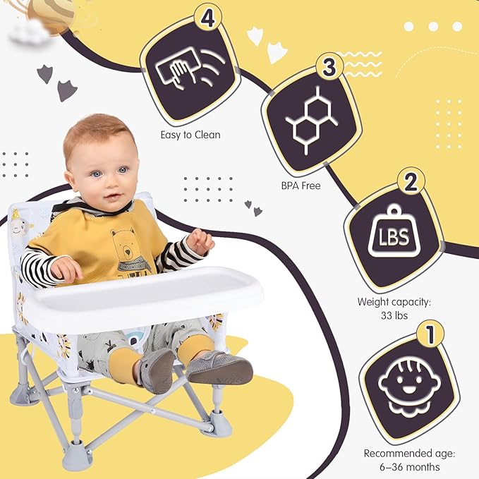 Portable Baby Booster Seat with Tray, Toddler Booster seat for Dining, Camping, Travel, Baby Beach Chair 6 Months to 3 Years Old Indoor Outdoor Use CH2407