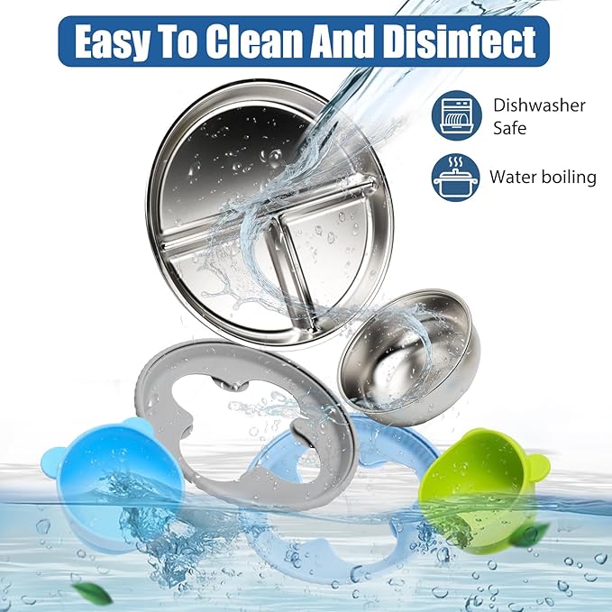 Stainless Steel Kids Plates and Bowls with Suction, Divided Baby Plate and Toddler Bowl with Removable Silicone Suction, Non-Slip Baby Feeding Set Dishwasher Safe, 4 Packs