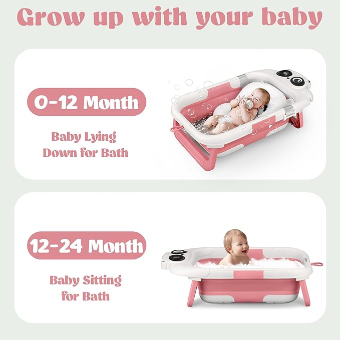 Foldable Baby Bathtub, Lightweight Bathtub for Infants to Toddlers with Soft Cushion & Thermometer, Portable Baby Tub Newborn to Toddler 0-24 Months(Pink)