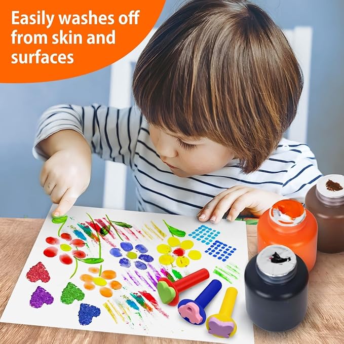 Kids Painting Set, Washable Paint for Kids 8 Colors with 10 Paint Sponges, Non Toxic Tempera Paints 2 oz Each, Paints for Toddlers Art, Craft, School and Home Finger Painting Projects