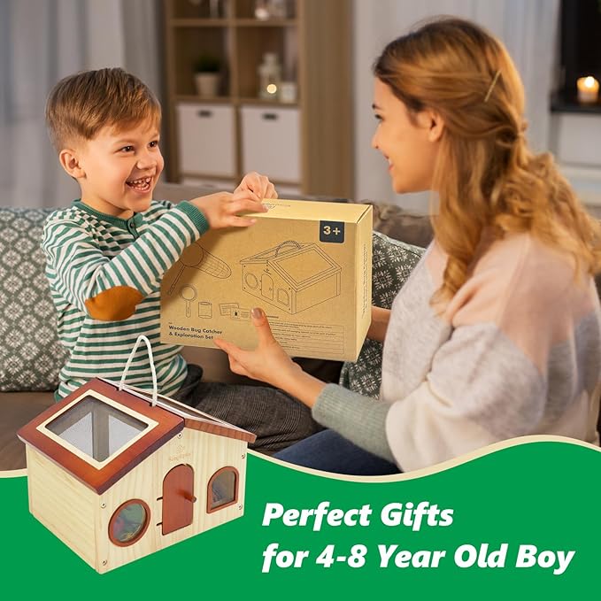 Kids Explorer Kit & Bug Catcher for Kids, Outdoor Toys with Large Portable Wooden Bug Habitat, Butterfly Net, Magnifier, Observation Cup, 15 Insect Cards for Toddler 3-8 Year Old Boy Gift