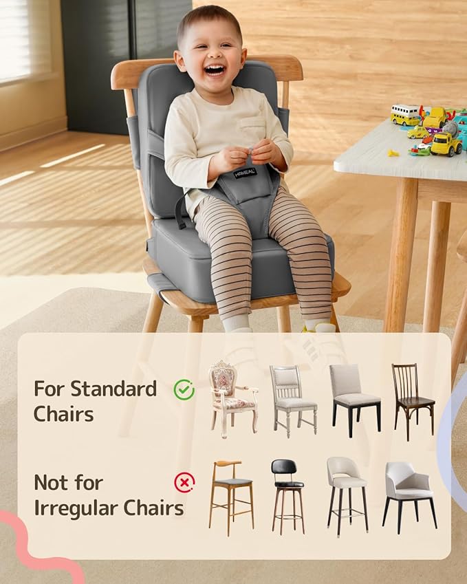 HOMEAL Toddler Booster Seat for Dining Table with Backrest and Adjustable Straps, Breathable Booster Seat for Kitchen Chair, Portable Non-Slip Bottom Booster Seat for Table, Light Grey