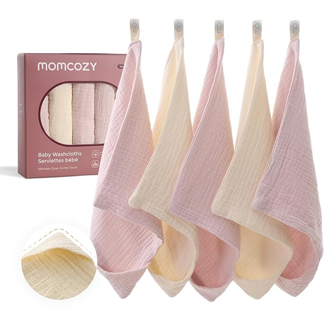 Momcozy Soft & Absorbent Baby Washcloths - 4 Layer Design| Medium Thickness| Premium Cotton for Newborns' Skin-Great for Bathing, Wiping & on-The-go Use, Shower Gift and Essential(5 Pack, 10x10 inch)