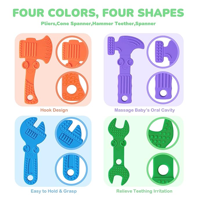 TYRY.HU Baby Teething Toys for Babies, Baby Teether Toys, BPA Free Silicone Baby Molar Teether Chew Toys, Hammer Wrench Spanner Pliers for Boys Girls, Soft-Textured, Easy to Hold & Clean, 4 Packs