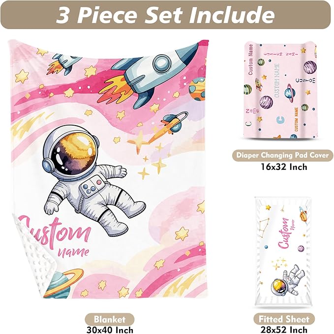 Personalized Baby Crib Bedding Set – Pink Space Theme Nursery Bedding Sets 3 Piece with Custom Name Blanket, Fitted Crib Sheet & Changing Pad Cover – Ideal Newborn Gift for Girls