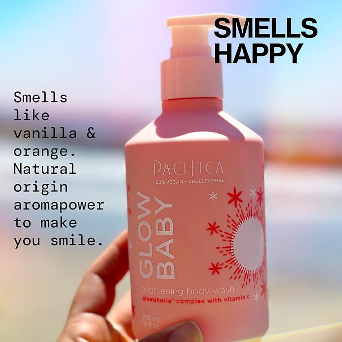 Pacifica Glow Baby Brightening Body Wash – Vitamin C & AHA Exfoliating Body Wash for Glowing Skin, Moisturizing Daily Shower Gel for Dull Dry Skin, Niacinamide & Kakadu Plum, Vegan, 10 oz