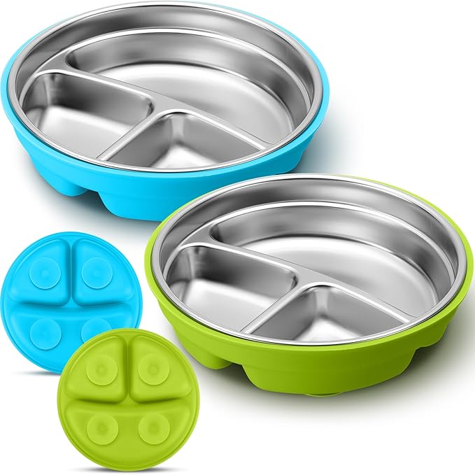 Nuogo 2 Pcs Stainless Steel Baby Suction Plates with Removable Silicone Shell 2-in-1 Metal Toddler Bowl Divided for Picky Eaters Kids Feeding Led Weaning Supplies, Dishwasher Safe (Green, Blue)