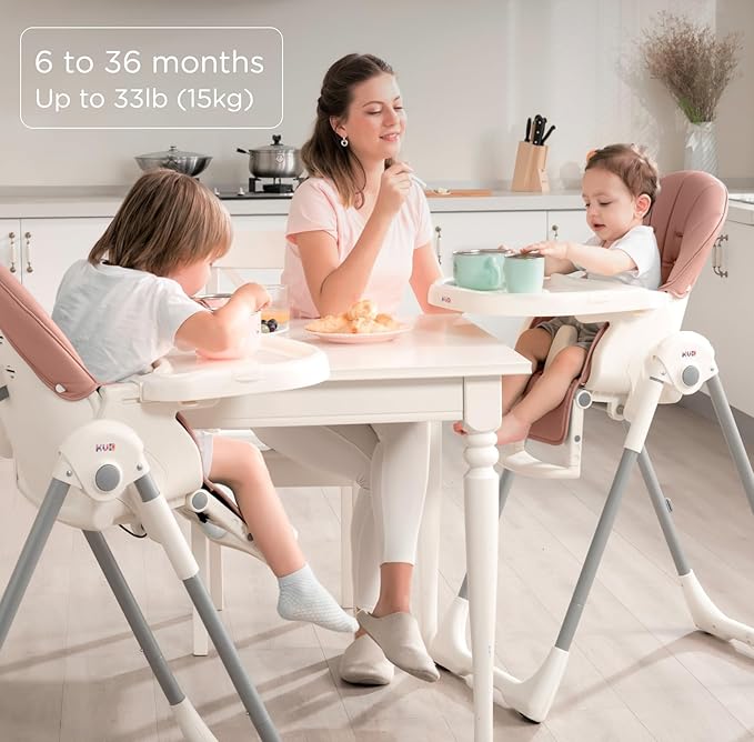 KÜB 3-in-1 Foldable Baby High Chair | 7 Height & 4 Recline Adjustable | Removable Seat & Tray for Easy Clean | 2 Locking Wheels | Multifunctional Infant High chairs for Babies and Toddlers Girl (Pink)