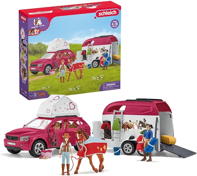 Schleich Horse Club - 110 PC Car and Trailer Tent Camping Playset with Fun Horse and Rider Figures for Girls and Boys - Realistic Toy Figurines and Accessories for Kids Ages 5+ | 42535