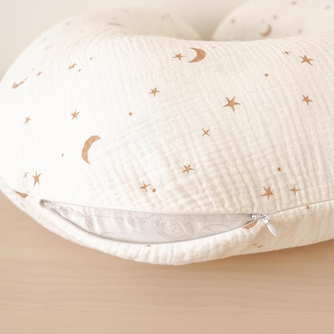 Konssy 2-Pack Muslin Nursing Pillow Covers, Soft & Adorable Nursing Covers for Breastfeeding Pillows, Slipcovers for Newborn Boys & Girls(Coffee Check,Moon)