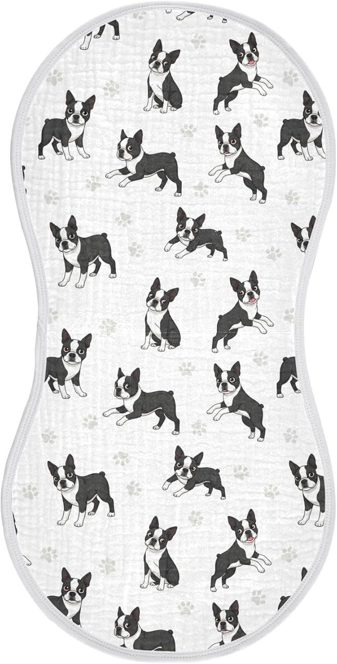 1 Pack Muslin Burp Cloths Boston Dogs Paw White Cotton Baby Burp Cloths Ultra Absorbent and Soft Spit Up Rags for Newborn Babies Boys Girls 22x11 Inch