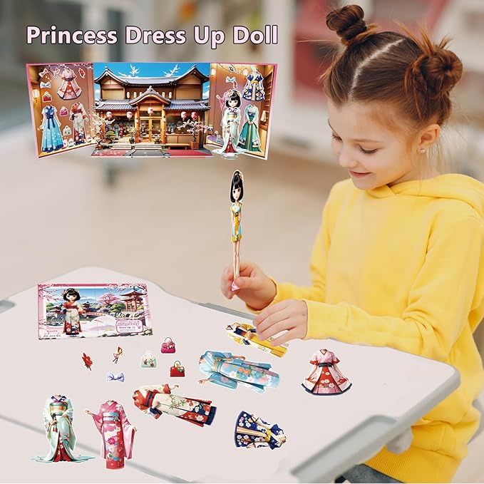 Yuzee Paper Dolls Stickers - Magnetic Dress Up Dolls for Girls - Toddler Travel Toys - 1 Paper Doll and 33 Clothing Accessories with 3D Magnetic Game Scene, Foster Creativity and Imagination