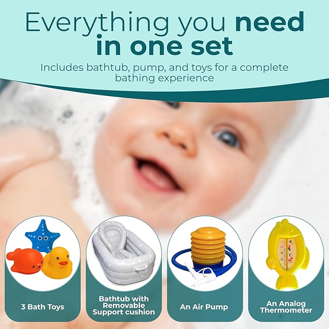Inflatable Baby Bathtub Complete Set – Portable Non-Slip Baby Bath Tub with Newborn Cushion, Floating Thermometer, 3 Bath Toys & Air Pump, Safe Bath for Boys & Girls Age 0–3 Years
