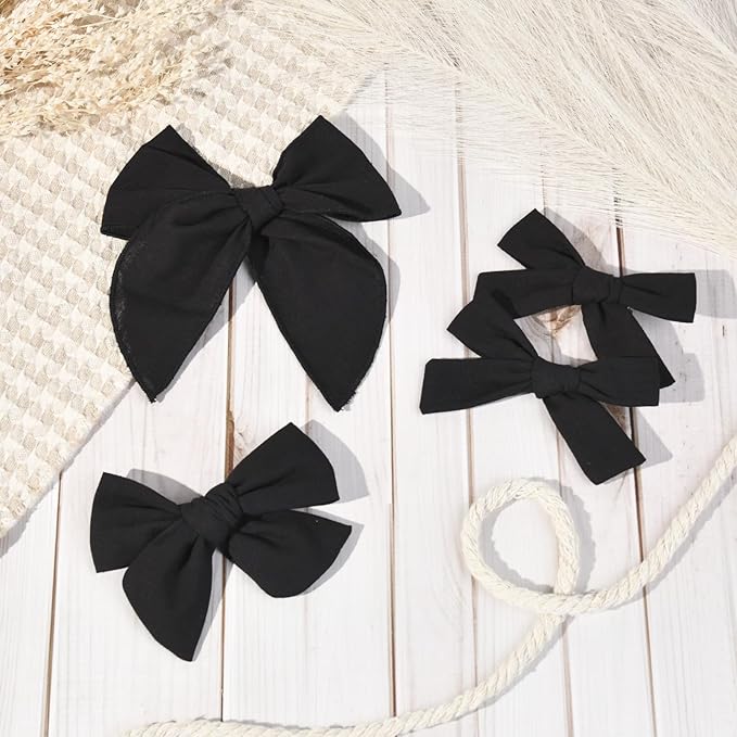 DEEKA 4 PCS Black Cotton Linen Hair Bows 3 Styles 5" & 4" Handmade Hair Bow set for Toddler Girls Alligator Hair Clips Knot Bows Hair Accessories for Little School Girls (Black)