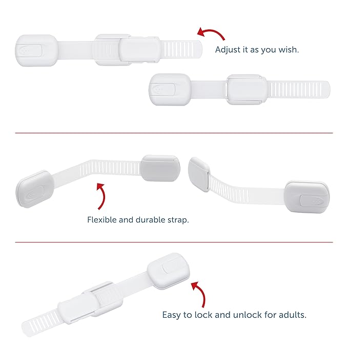 Child Safety Cabinet Locks (4 Pack) – Adjustable Baby Proofing Strap Latches with Strong 3M Adhesive – No Drill Childproof Locks for Drawers, Cabinets, Fridge, Door, Closet, Grey