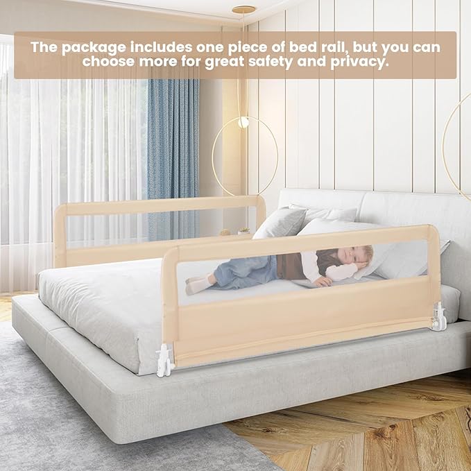 HONEY JOY Bed Rail for Toddlers, 59-in Extra Long, Portable Safety Bed Guardrail w/Double Safety Child Lock, Foldable Baby Bed Rail Guard, Fit King & Queen Full Twin Size Bed Mattress (1 Pack, Beige)