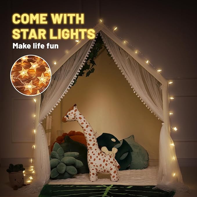 Wilwolfer Kid Tent with Mat, Star Lights - Kids Play Tents for Toddlers Kids Tents Indoor Playhouse - Princess Tent for Girls Toy House Gift (Beige with Mesh)
