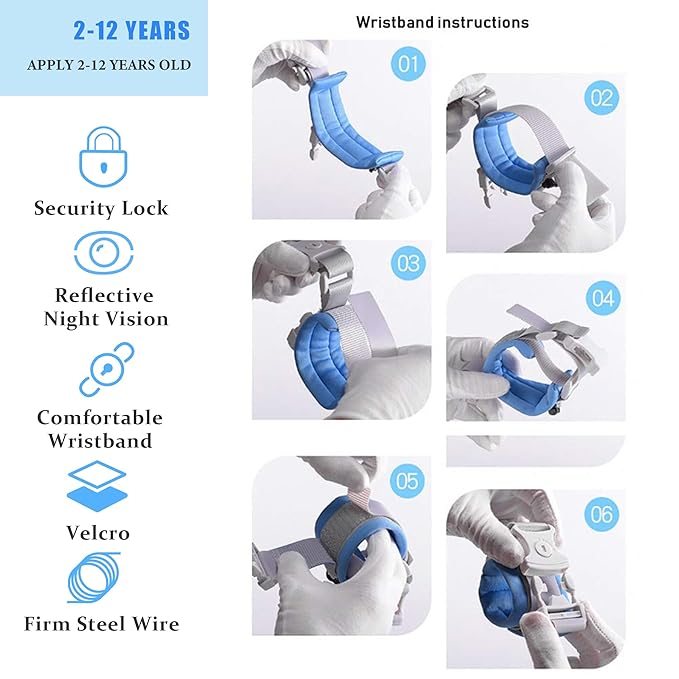 Anti-Lost Wrist Link, Blue Reflective Anti-Lost Wrist Chain with Child Lock 6.56 feet.