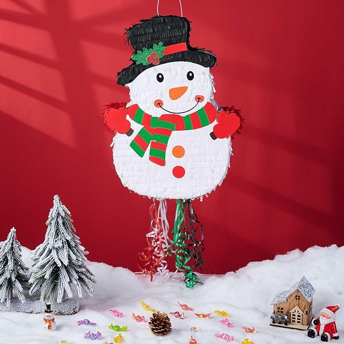 Wernnsai Christmas Piata Large Pull String with Blindfold Bat Cute Snowman Piata for Christmas Party Games White Party Decorations 16.5' x 12.4'