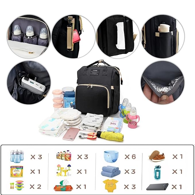 Diaper Bag with Changing Station,Diaper Bag Backpack,7 in 1 Travel Baby Diaper Bag,Mommy Bag With USB Charging Port (Black)