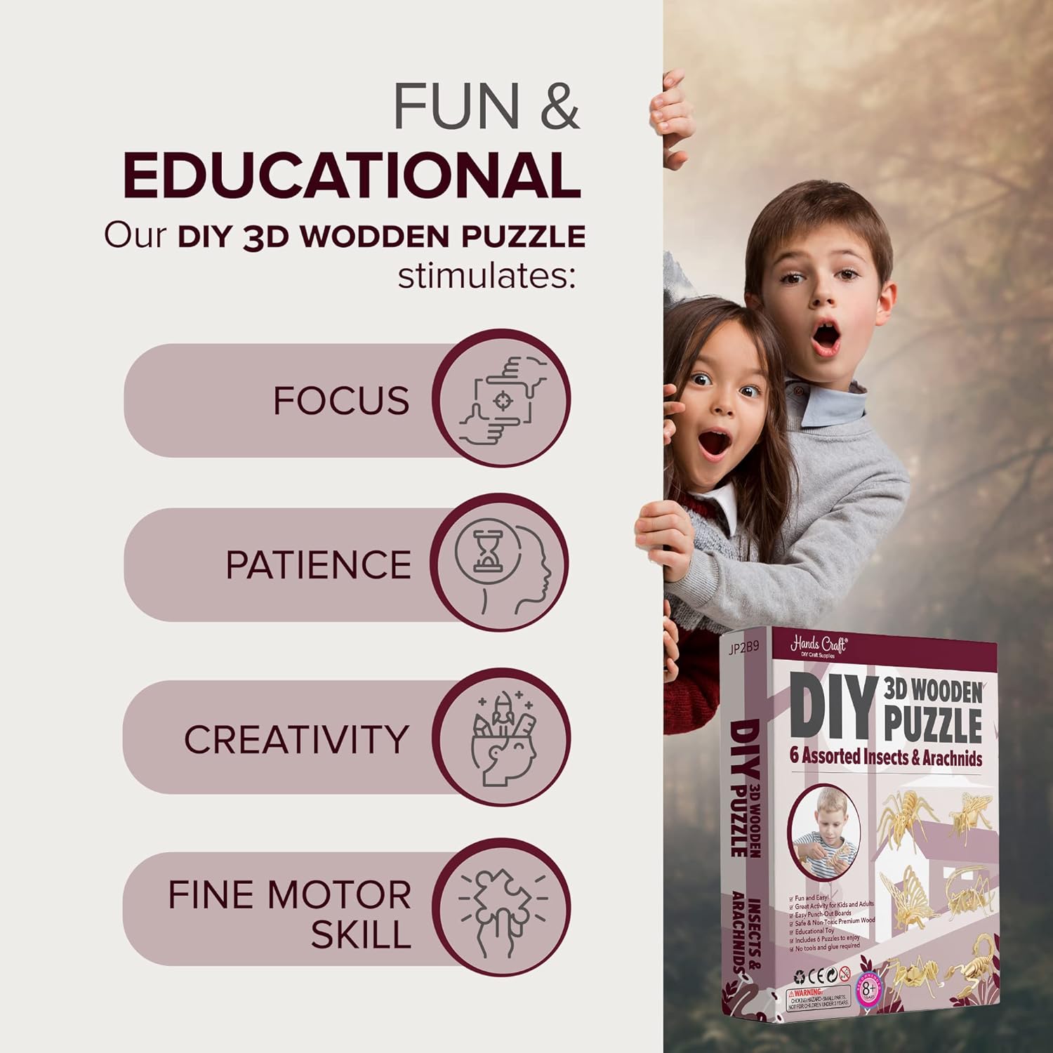 Hands Craft DIY 3D Wooden Puzzle – 6 Assorted Insects & Arachnids Bundle Pack Brain Teaser Puzzles Educational STEM Toy Adults and Kids to Build Safe and Non-Toxic Easy Punch Out Premium Wood JP2B9